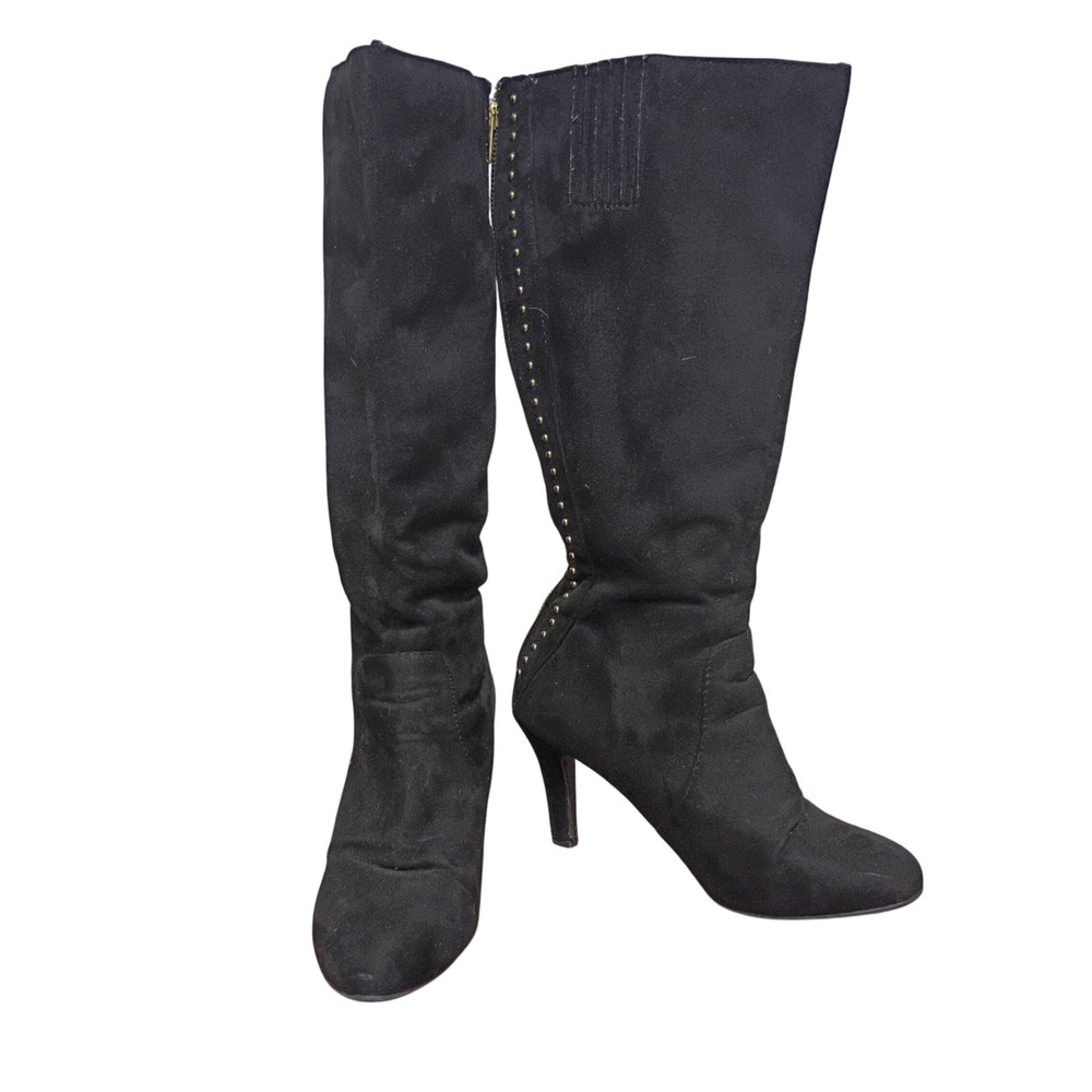 Sbicca Sylvie Black Suede Tall Boots Gold Stud Back Zip Stiletto Womens 8.5M